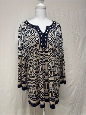 JM Collection Navy and Cream Geometric Embellished V-Neck Tunic